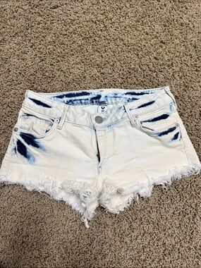 True Religion White Denim Tie-Dye Frayed Hem Shorts